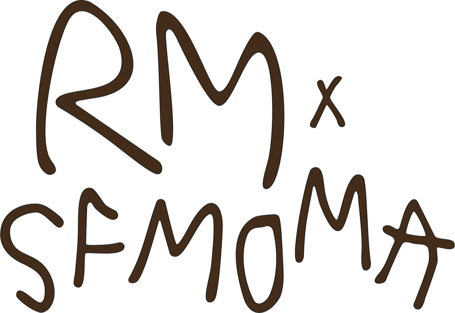 A Korean man with short black hair in a light gray T-shirt and beige pants stands outdoors against a blue sky with tall grass in the foreground; large handwritten style text above reads "RM x SFMOMA" in dark brown.